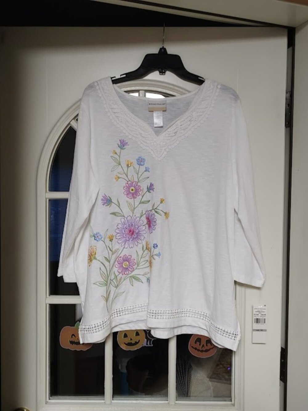 New Alfred Dunner Garden Party White Flowered 3/4 Sleeve Top Size Women's 1X